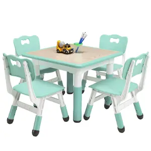 Kids Table and 4 Chairs Set Height Adjustable Toddler Table and Chair Set for Ages 2-10 Activity Table for Toddlers 5-Piece Childrens Table and Chair Set Boy & Girl Gift for Classrooms/Daycares/Home，Bright Blue