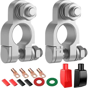 Battery Terminal Connectors Kit, Heavy Duty Positive Negative Auto Car Marine Terminals, with 4 Pcs 2 Gauge 3/8" Copper Lugs, 4 Heatshrink Tubes, 2 Protective Covers and 2 Anti Corrosion Washers
