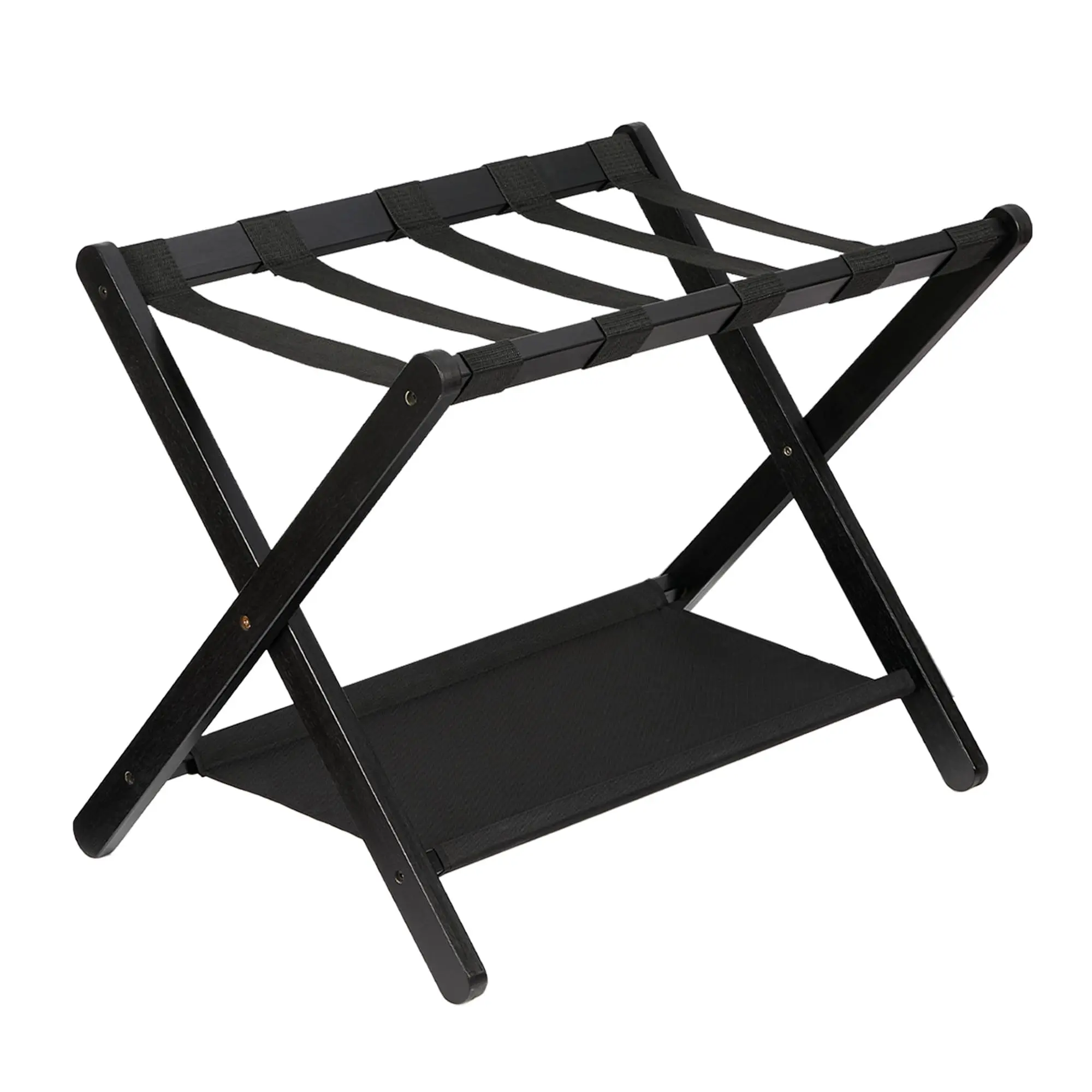 Garvee Premium Bamboo Folding Luggage Rack with Storage Shelf and Nylon Straps, Supports up to 110 lb, Fits Most Suitcases, Ideal for Bedrooms, Living Rooms, and Hotels, Black Finish