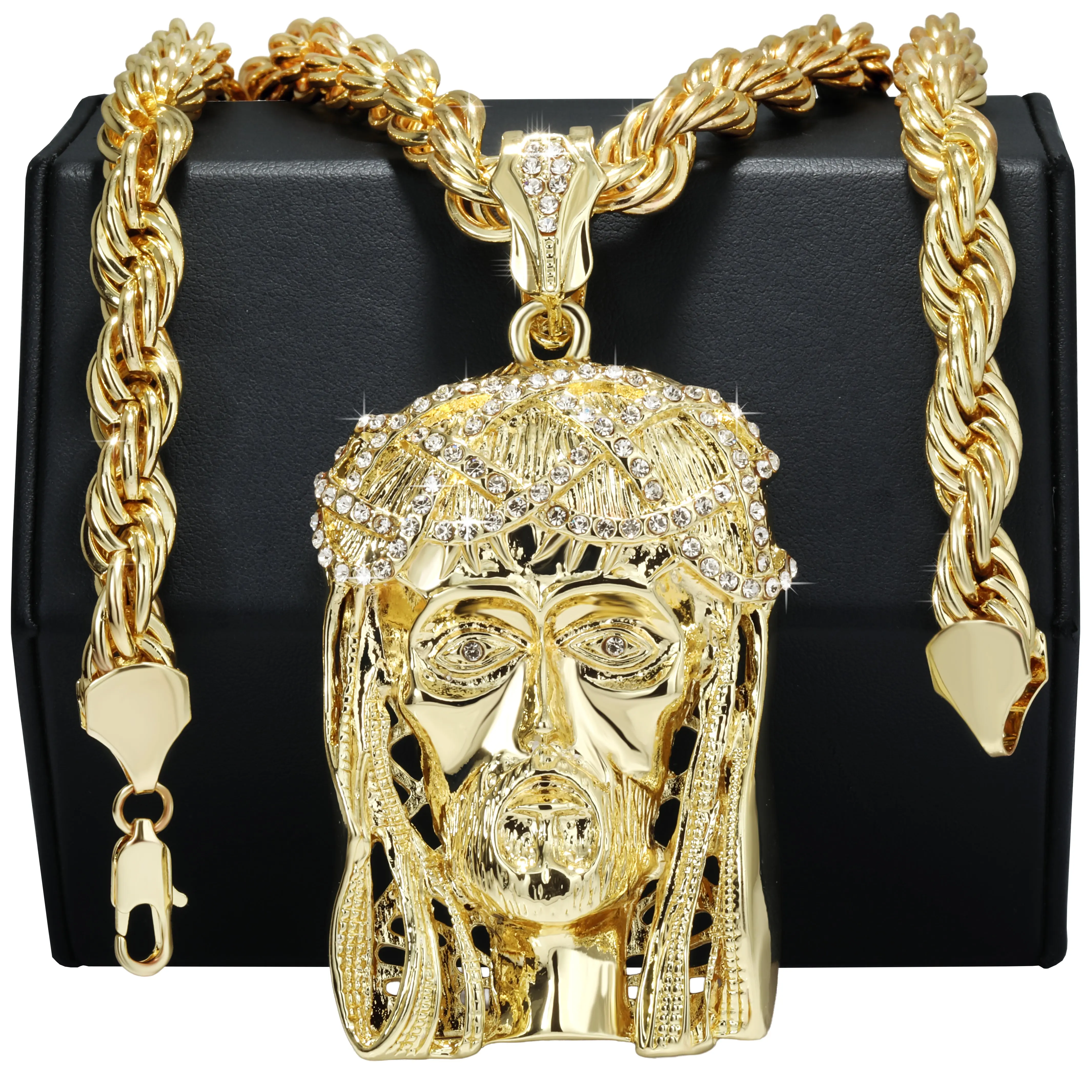 BLINGKINGSTAR - Men's Fully Iced Large Crowned Jesus Piece Shaped Symbol Pendant | 20"In & 24"Inch - 10mm Thick Rope Link Chain Necklace Gold Plated, Unisex Exquisite Gift