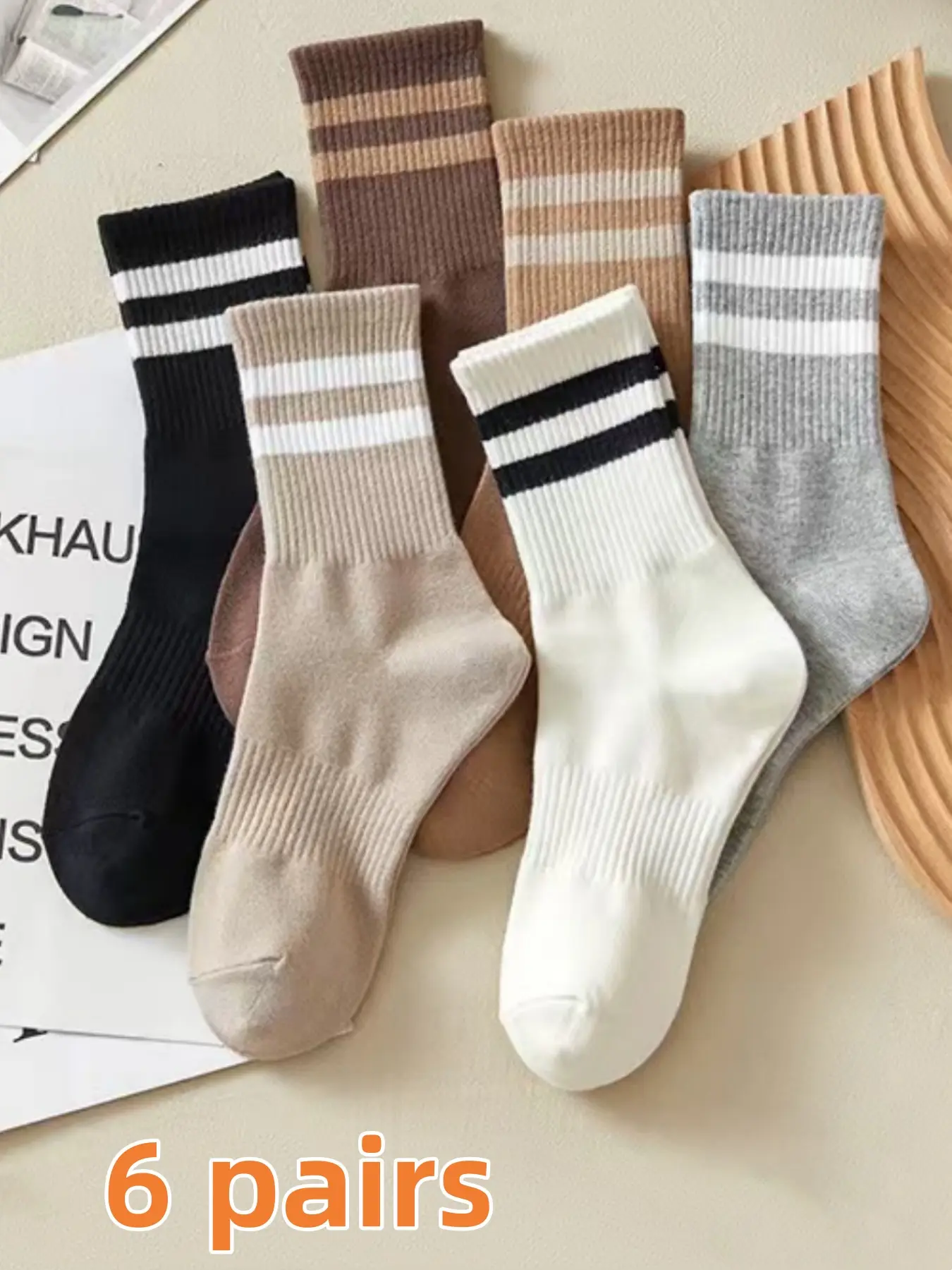 6 pairs of spring and autumn new Chic casual striped mid-calf socks for men and women, breathable, sweat-absorbent, comfortable, available in multiple versatile colors, durable, suitable for daily casual wear, running, sports, and various occasions