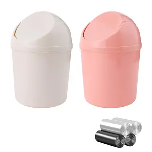 2-Piece Mini Desktop Plastic Trash Can Set with Smooth Swing Top Lid, 120 Trash Bags, Small Garbage Bin for Home & Office (Pink + Beige), With Lid