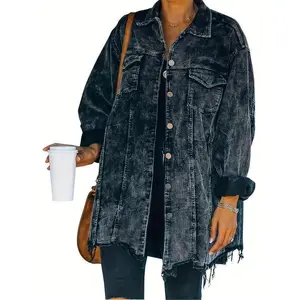 Women’s Casual Oversized Corduroy Shacket – Retro Washed Button-Front Jacket Coat with Frayed Hem, Drop Shoulders, and Flap Pockets for Casual Wear