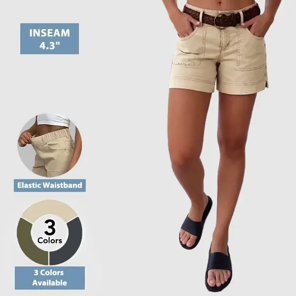Flamingals Solid Split Side Flap Pocket Elastic Waistband Shorts Womenswear Stretchy 4.3" Inseam