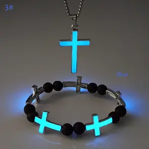 Glow-in-the-dark cross bracelet and necklace set, fashionable unisex bracelet and fluorescent necklace, perfect for gifting