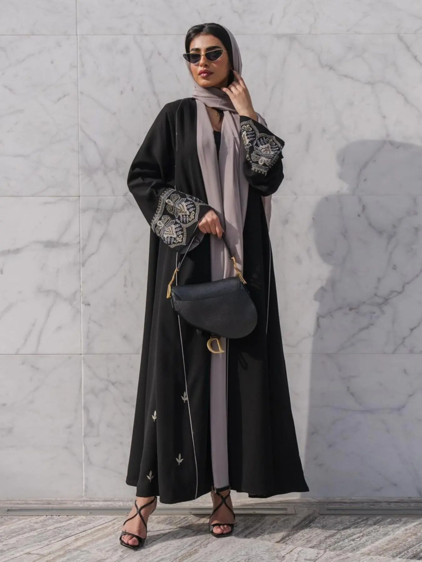 Women's Ethnic Pattern Embroidery Long Sleeve Abaya, Loose Abayas, Modesty Abaya, Islamic Modesty Clothes, Modest Kimono Sleeve Open Front Long Abaya for Party, Women's Islamic Clothing for Fall & Winter, Abayas for Eid