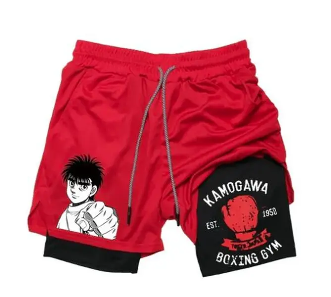 Men's Anime IPPO Double Layer Knot Shorts - Casual Athletic, Elastic Sporty, Fitness Workout, Active Athletic Shorts for Summer Beach, Fitness Training, Casual Athletic Shorts, Elastic Sporty Shorts