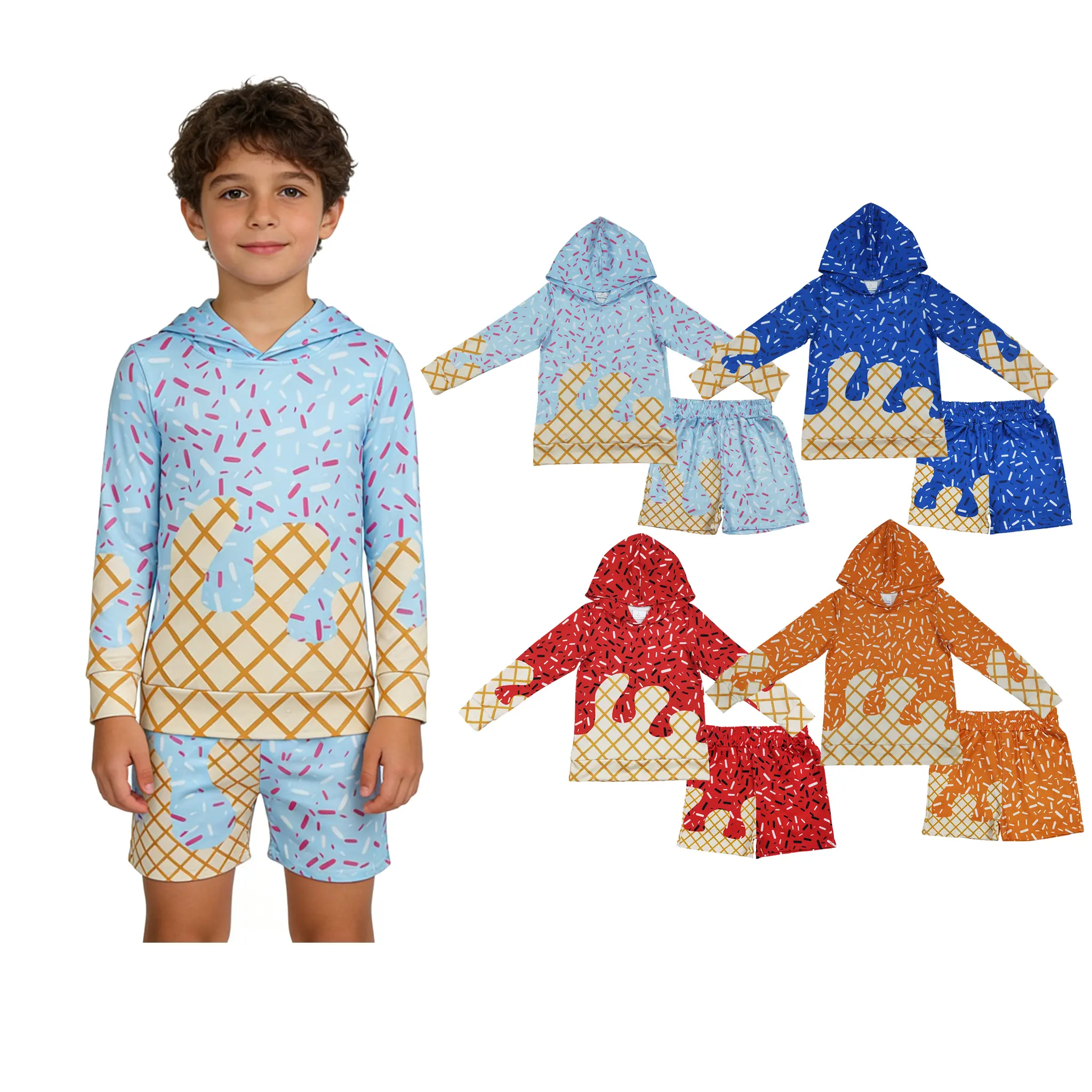 Kids' 2-Piece Ice Cream Fun Print Baseball Coordinated Outfit Set - 95% Cotton Milk Silk Hoodie & Pants, Kids Wardrobe Essential for Boys/Girls, Fun Prints, Co Ord Sets, Clothing Sets