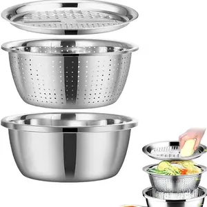 3-In-1 Stainless Steel Multi-Functional Strainer Set, Includes Basin/sieve/cutter, Ideal for Washing Rice/fruits/vegetables/kitchen Essential, Multifunctional Rice Strainer
