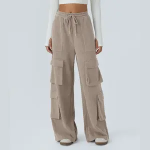 Halara Flex Ribbed Mid Rise Drawstring Pockets Wide Leg Cargo Casual Pants