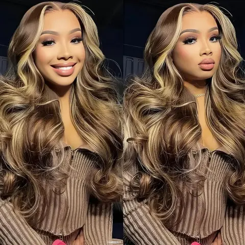 URody Women's 4/27 Honey Blonde Highlight Glueless Ready-to-Wear Body Wave Lace Front Wig, 13x6 HD Transparent Lace Frontal, Pre-Plucked Human Hair Wig, Body Wave Lace Front Wigs Human Hair, Blonde Wig