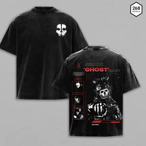 Ghost COD Double Printed Oversize Lightweight Acid Washed Tee Game Graphic T-Shirt for Men Casual Day Wear Cotton Fabric - Jeans Vintage Gaming Retro Black Tee  Heavyweight Cotton T-Shirts Love Menswear