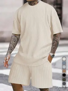 Men’s Streetwear 2-Piece Set  Soft Textured Knit Oversized Tee & Drawstring Shorts, Casual Summer Outfit