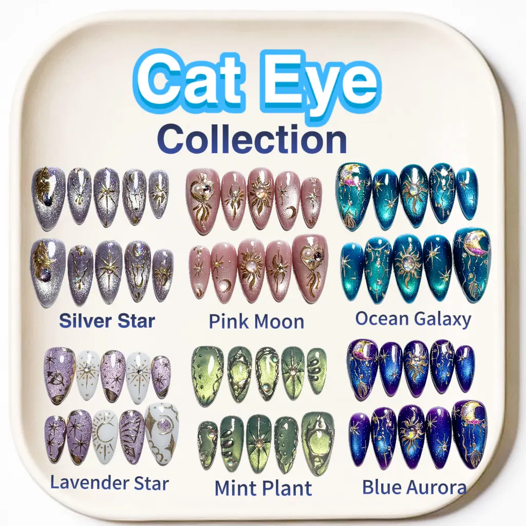 Handmade Press On Nails Box Set - Magnetic Cat Eye Effect, Dainty Celestial Galaxy Design with Silver Stars, Reusable Almond Tips, Nail Transformation Accessory for Everyday Wear, One Size (Beauty & Personal Care)
