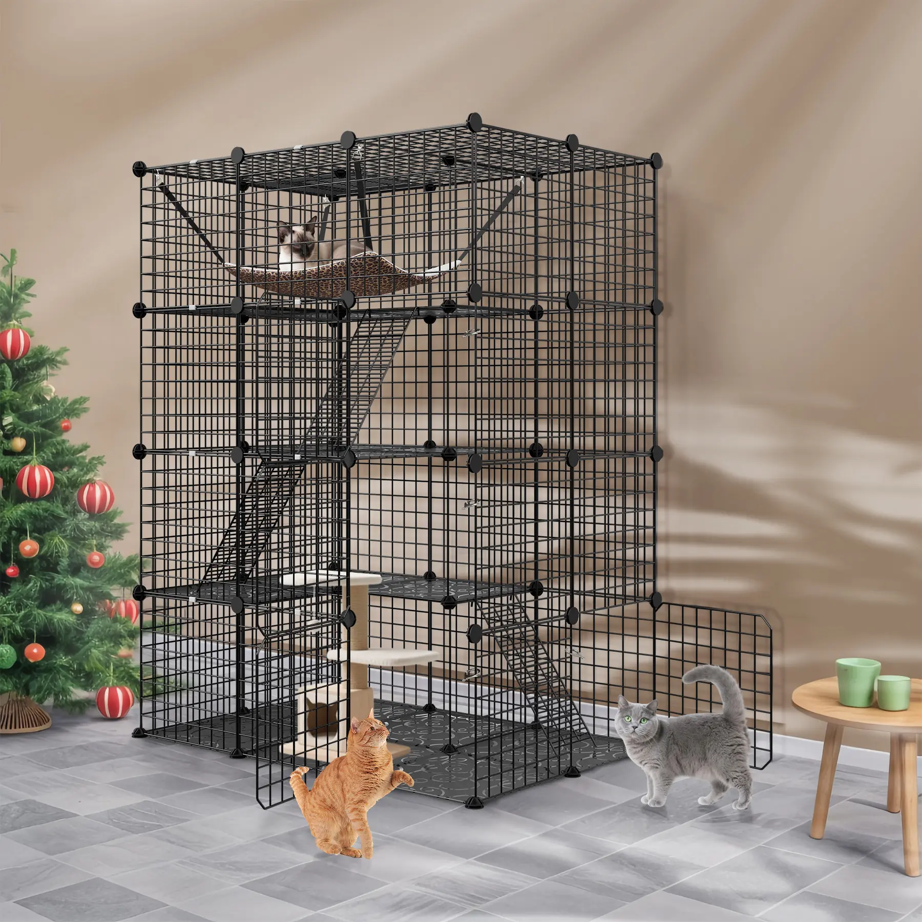 Segawe 4-Tier Enclosed Metal Wire Small Animal Playpen - Large Escape-Proof Kennel, Indoor-Outside Safe Habitat Enclosure with Hammock