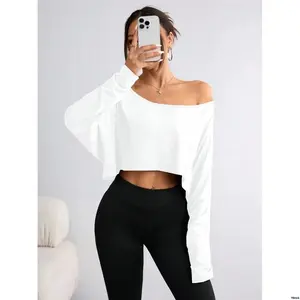 SolidColor - FlirlaWomenAsymmetricCollarLongSleeveCroppedCasualT Shirt Autumn