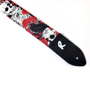 Raven, Skulls and Roses Guitar Strap - Black Red and Grey Guitar Strap