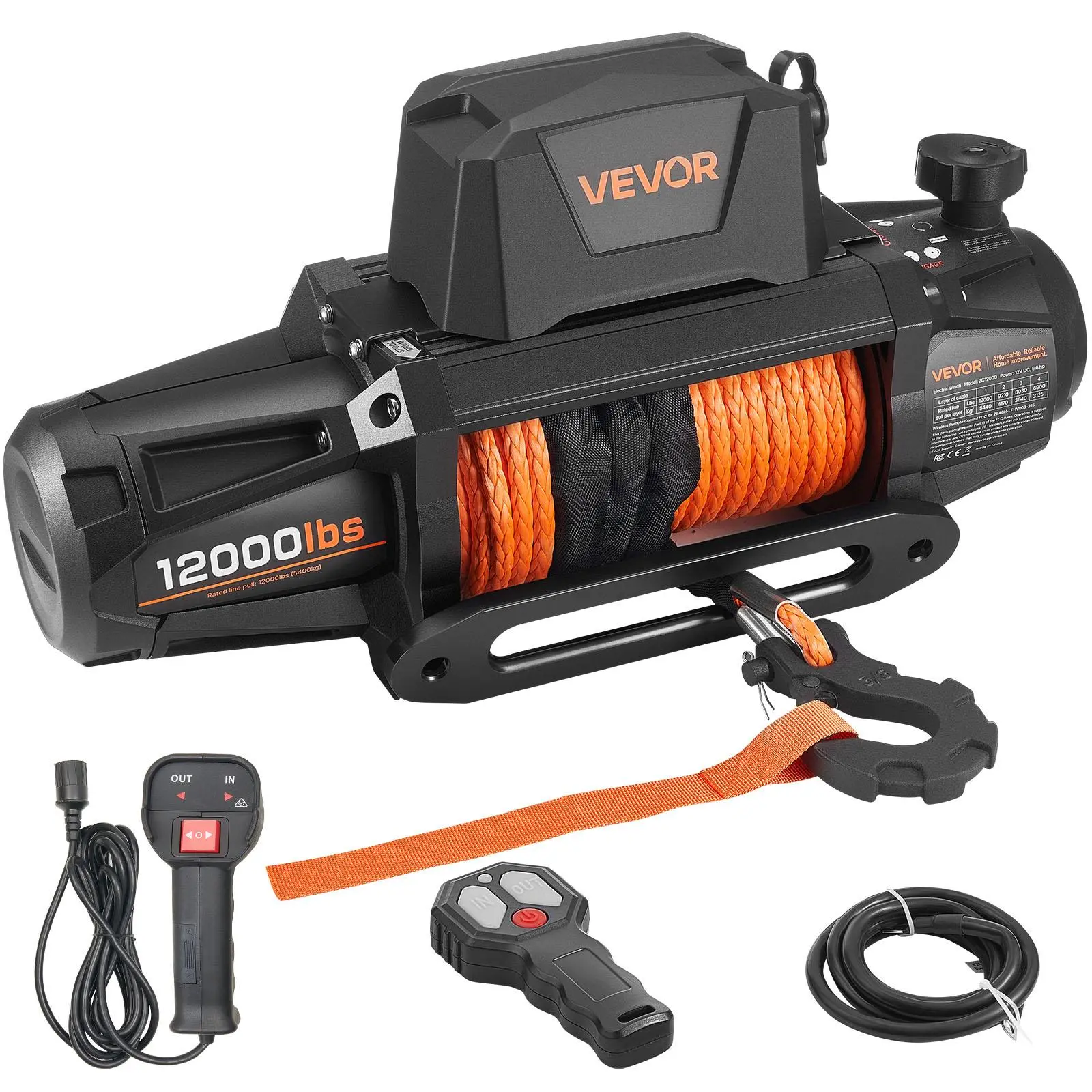 【summerfinds】VEVOR Electric Winch, 12000 lbs Load Capacity, 12V DC Truck Winch with Φ3/8 in x 92 ft Synthetic Rope, Wireless & Wired Remote Control, IP67 Waterproof for Towing Off-Road SUV Jeep Trailer Boat