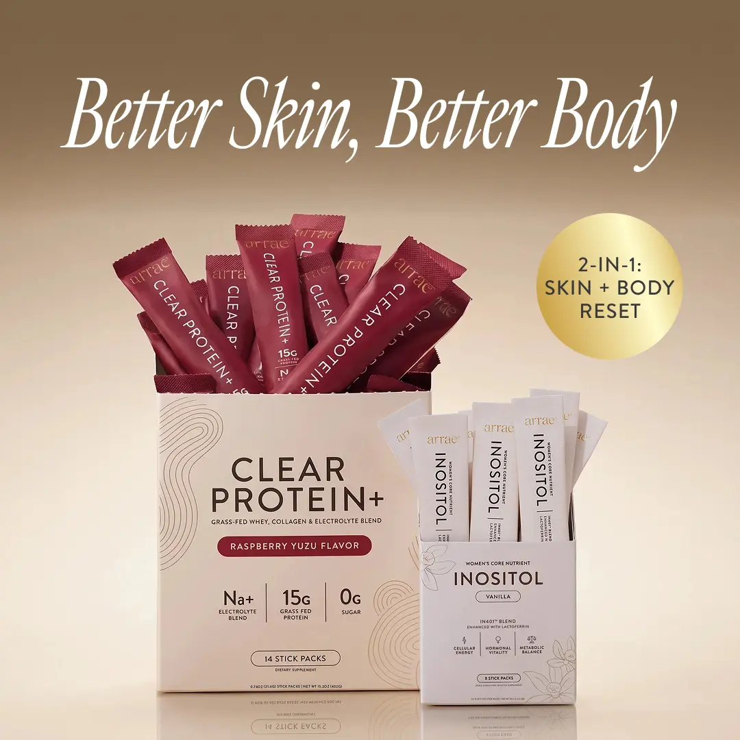 Arrae Skin & Snatch Duo | 15g Grass Fed Whey, Collagen, Electrolytes + Hormone Balancing Inositol | Raspberry Yuzu + Vanilla Flavor | 20 Stick Packs, 8 Stick Packs | Edible Dietary