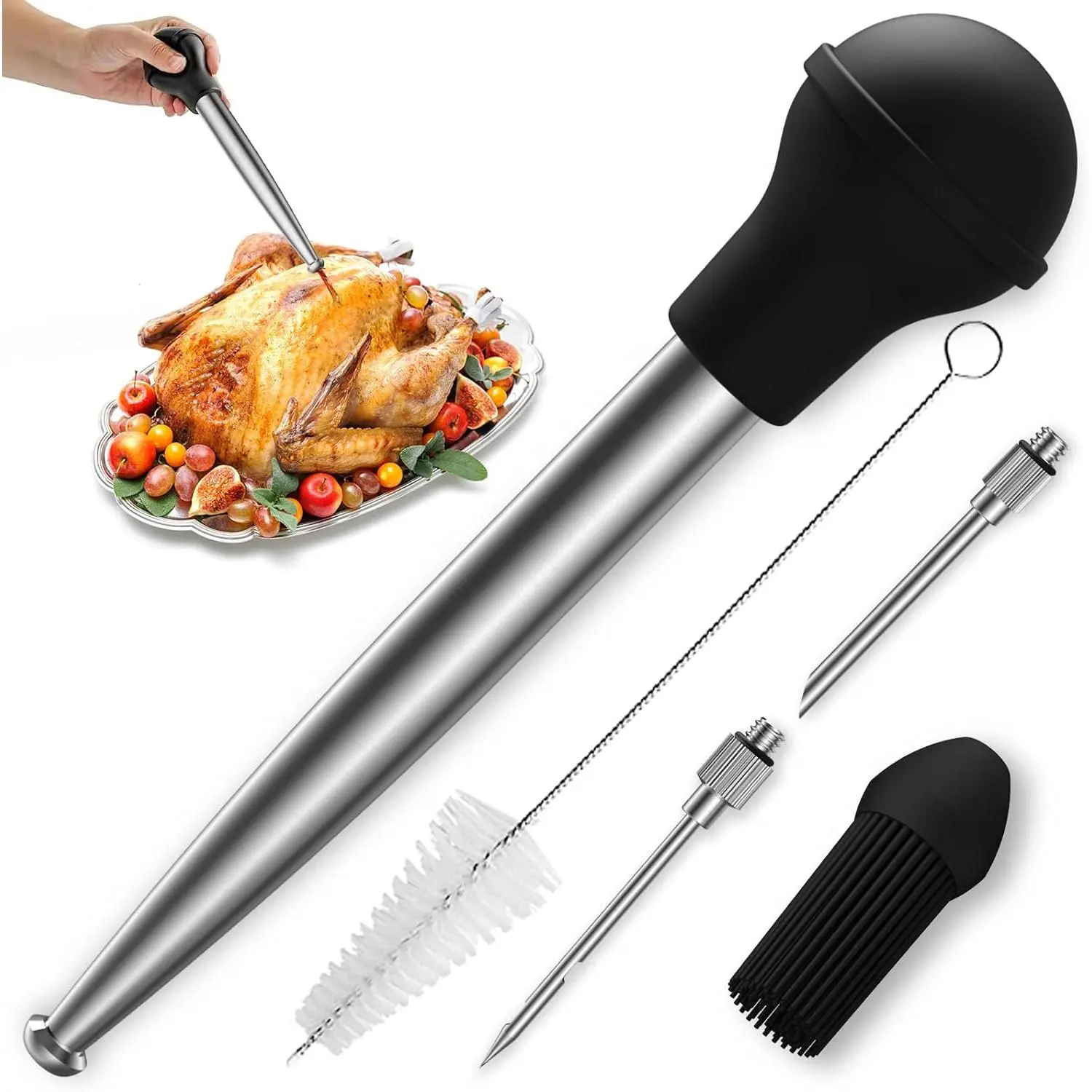 Food Grade Stainless Steel Metal Turkey Baster, Black Silicone Utensil Set with Barbecue Basting Brush, 2 Marinade Injector Needles and Cleaning Brush for Cooking