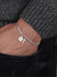 1Pcs Silvery Block Initial Cross Men Bracelet Classic Stainless Steel Figaro Chain Bracelet For Men Religious Jewelry Gift Stainless Steel Bracelets Fashion Cross Bangle