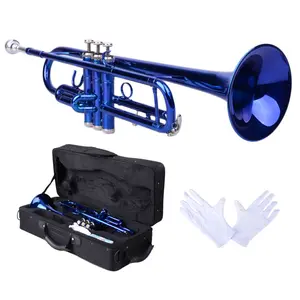 Blue Brass B Flat Trumpet with Gloves Set 19.29" Length 4.92" Bell Durable Case Ideal for Beginners Music Instrument with Smooth-Action Valves and Mouthpiece Included
