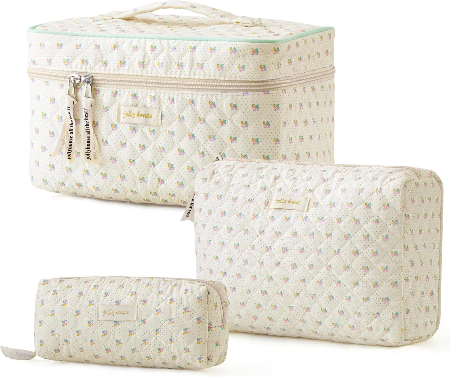 Women's Casual Chic Quilted Cotton Makeup Bag Set (3PCS, 10.4x3.5x7.1 Inches) - Durable Portable Travel Cosmetic Toiletry Bag with Floral Coquette Design