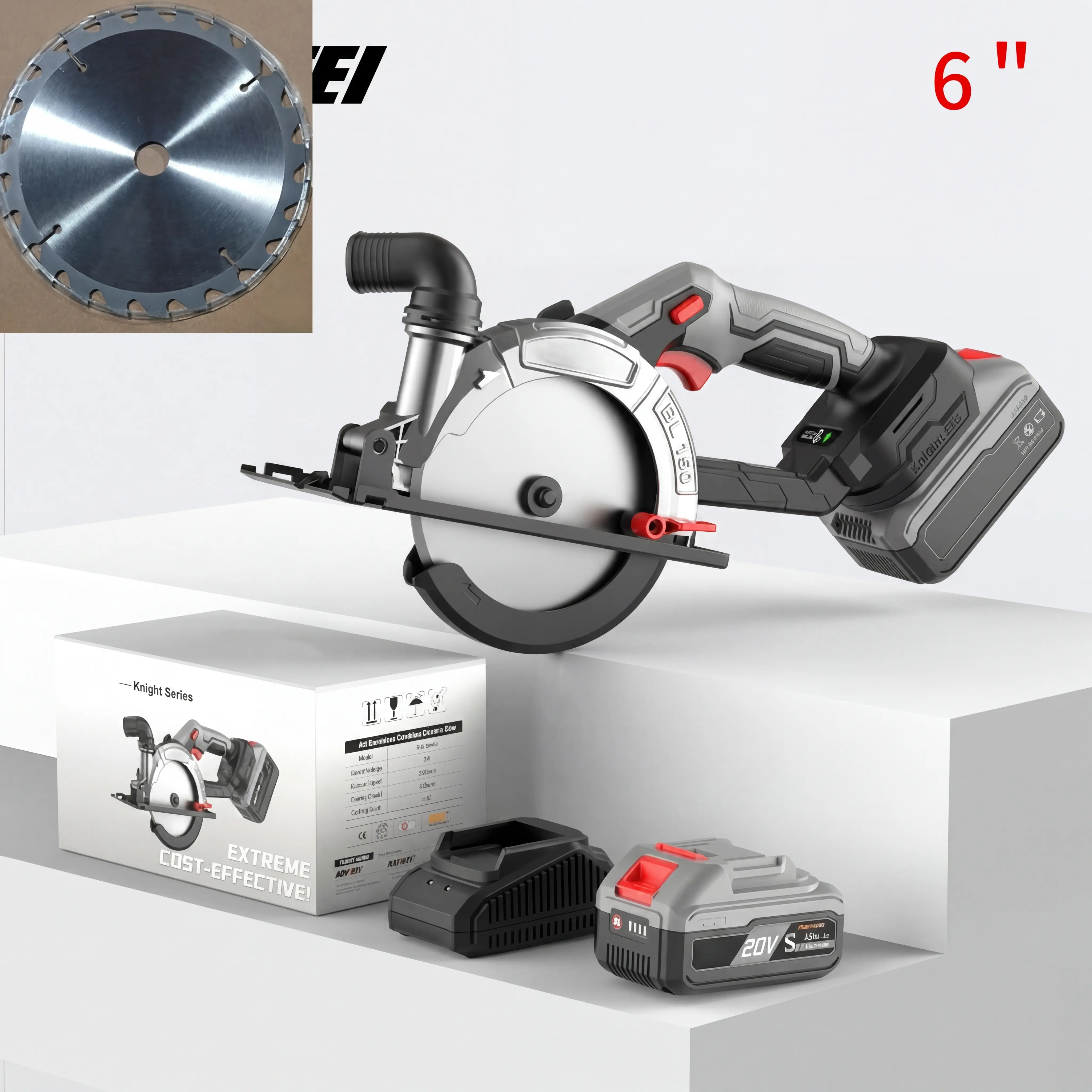 6-inch cordless circular saw, 150mm blade diameter, 55mm maximum cutting depth, brushless motor, cordless circular saw comes with two 4.0Ah batteries, aerospace-grade materials, capable of cutting tiles, wood, laminates, and stone.mechanic tools