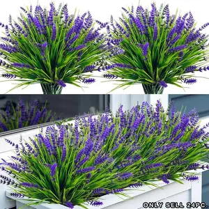 24 Bundles Artificial Lavender Flowers Outdoor UV Resistant Fake Lavender Plants, Faux Flower Decoration, Faux Plastic Greenery for Indoor Outdoor Home Porch Balcony Garden Decor