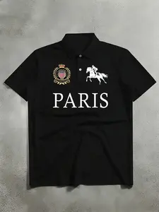 Men's Short Sleeve Polo Shirt, Paris Equestrian Crown Print, Colorblock Striped Collar, High-Quality Breathable Classic Fit, Casual Button Front Top, Golf Shirt, Golf Tournament Polo