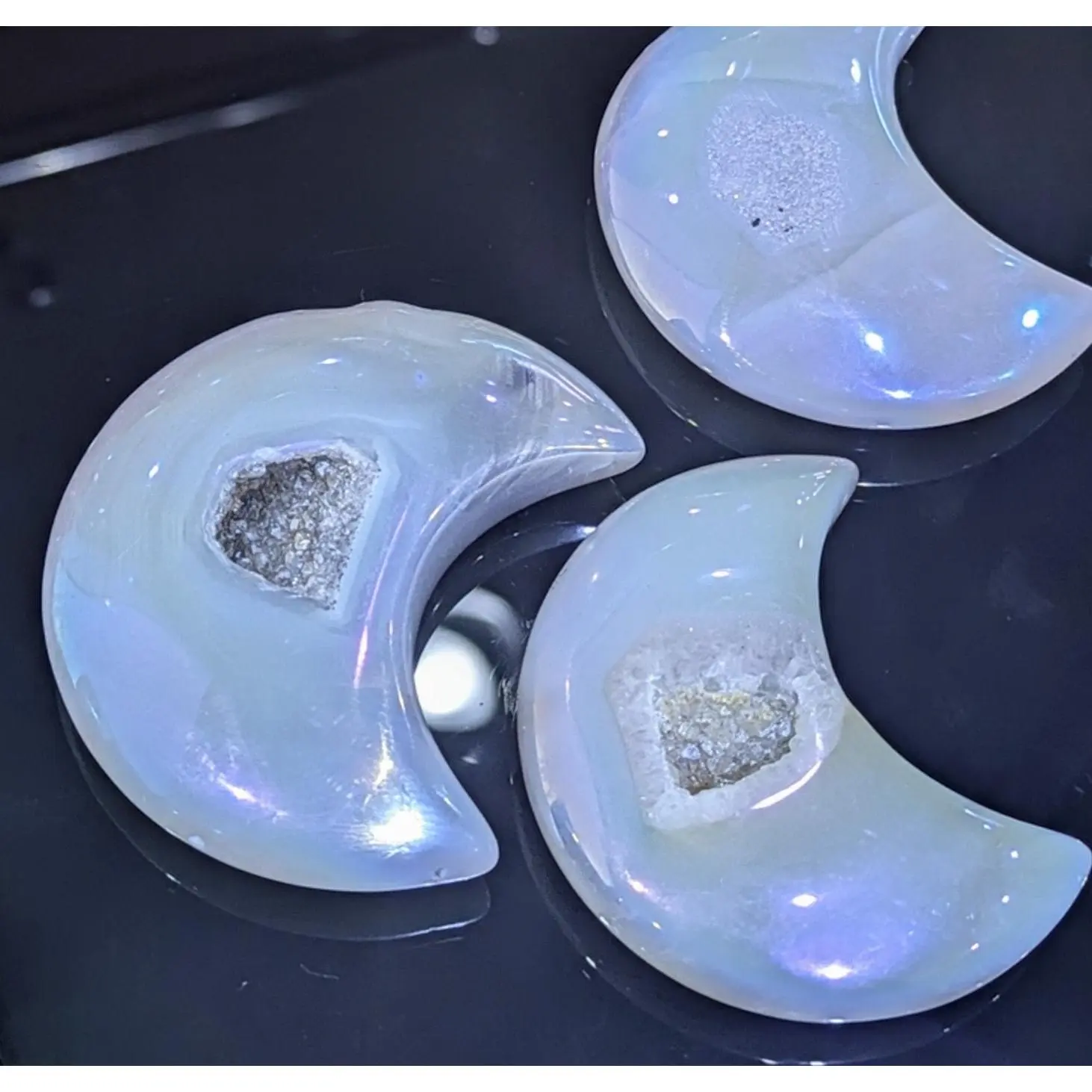 Aura Banded Agate and Quartz Crescent Moon – Angel Aura, with Druzy Quartz Center