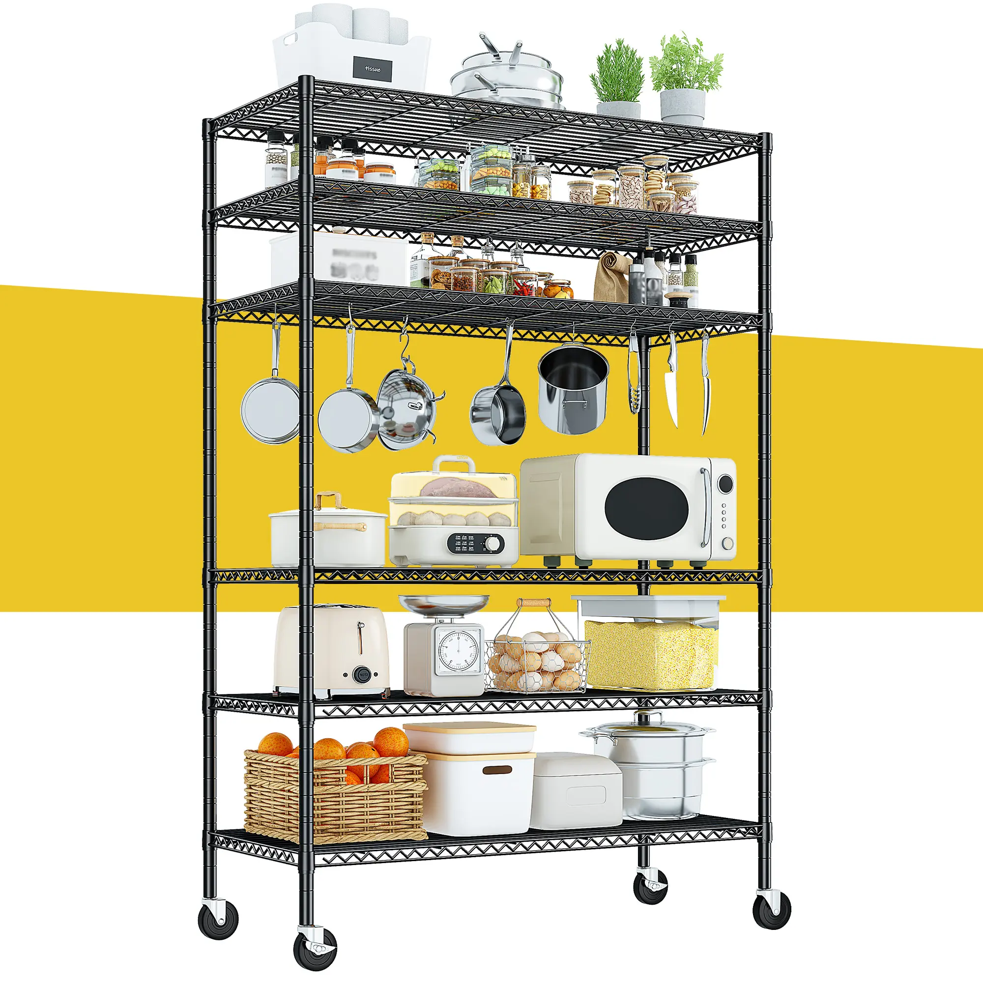 【Deals for you】6-Tier Warehouse/Outdoor Shelving, Raybee Storage Shelves with Wheels, Rolling Wire Shelving, Adjustable Metal Shelving Pantry Shelves with Capacity Garage Shelving Storage Organizer for Pantry, Kitchen, Closet Organizing Cabinet Rack