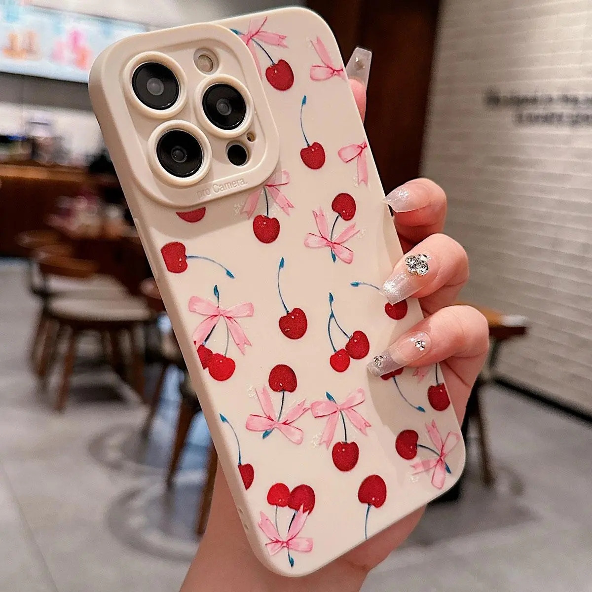Cherry Pattern Phone Case, Cute Bow Decor Phone Protective Cover, Phone Accessory Compatible with iPhone17 16 15 14 13 12 11 X