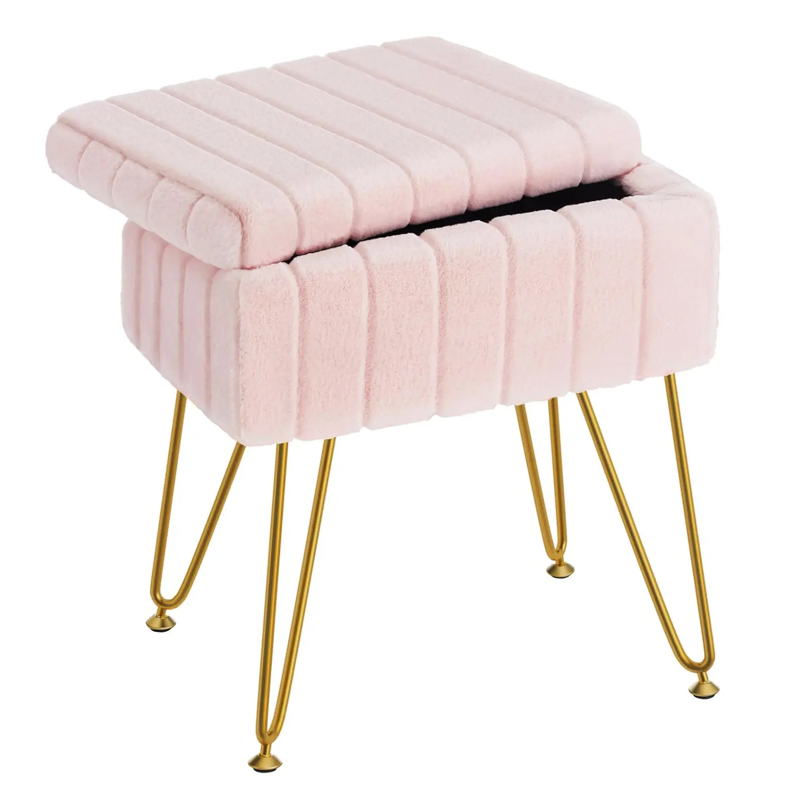 Faux Fur Upholstered Armless Vanity Chair - Sturdy Durable Metal Legs, Flip-Up Storage Design, Modern All Seasons Soft Furnishings for Dressing Room, Bedroom Home Decor Gift