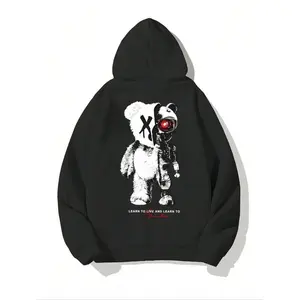 Men's Cartoon Bear Print Drop Shoulder Thermal Lined Hoodie, Fashion Casual Regular Fit Drawstring Pocket Hooded Sweatshirt for Daily Holiday Outdoor Wear, Men Clothes for Fall & Winter