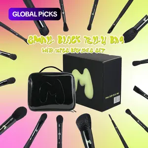 [Made by Mitchell] Small Black Jelly Makeup Bag with 16pcs Makeup Brushes Set – Travel Friendly & Portable All-in-One Makeup Tools Cosmetic Brush Set Makeup Brushes Kit