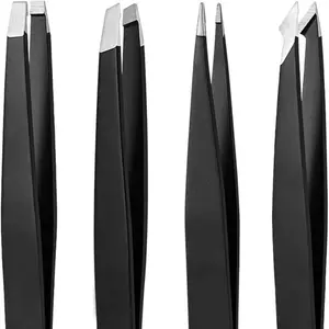 Tweezers Set, High Precision Stainless Steel Eyebrow Tweezers for Facial Hair, Inward Growing Hair and Splinter Remover Kit, Suitable for Women and Men, 4-Piece Set. (Black) Makeup Cosmetic