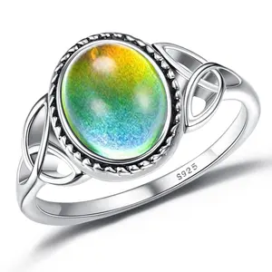 MILACOLATO  925 Sterling Silver Mood Ring for Women Vintage Celtic Knot Rings Jewelry 18K plated White Gold Oval Solitaire Mood Ring Temperature Control Color Change Mood Ring, Size summerwins