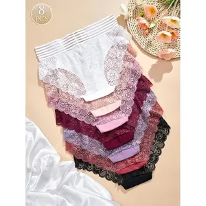 8pcs Women's High Waist Sexy Lace Panties Briefs Soft Women's Lace Lingerie Slimming Design + Soft and Skin-Friendly Fabric
