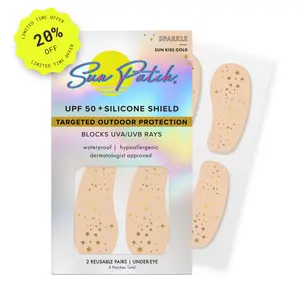 Sun Patch Under-Eye Sparkle Sun Kiss Gold Patches UPF 50+ Waterproof Hypoallergenic Targeted UV Protection for Sensitive Skin