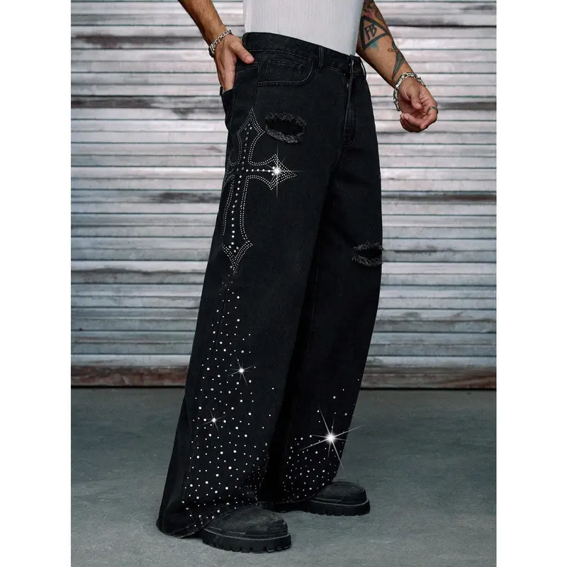 パンツ wide baggy rhinestones slacks Men's Rhinestone-Embellished Baggy Straight Black Jeans, Oversized