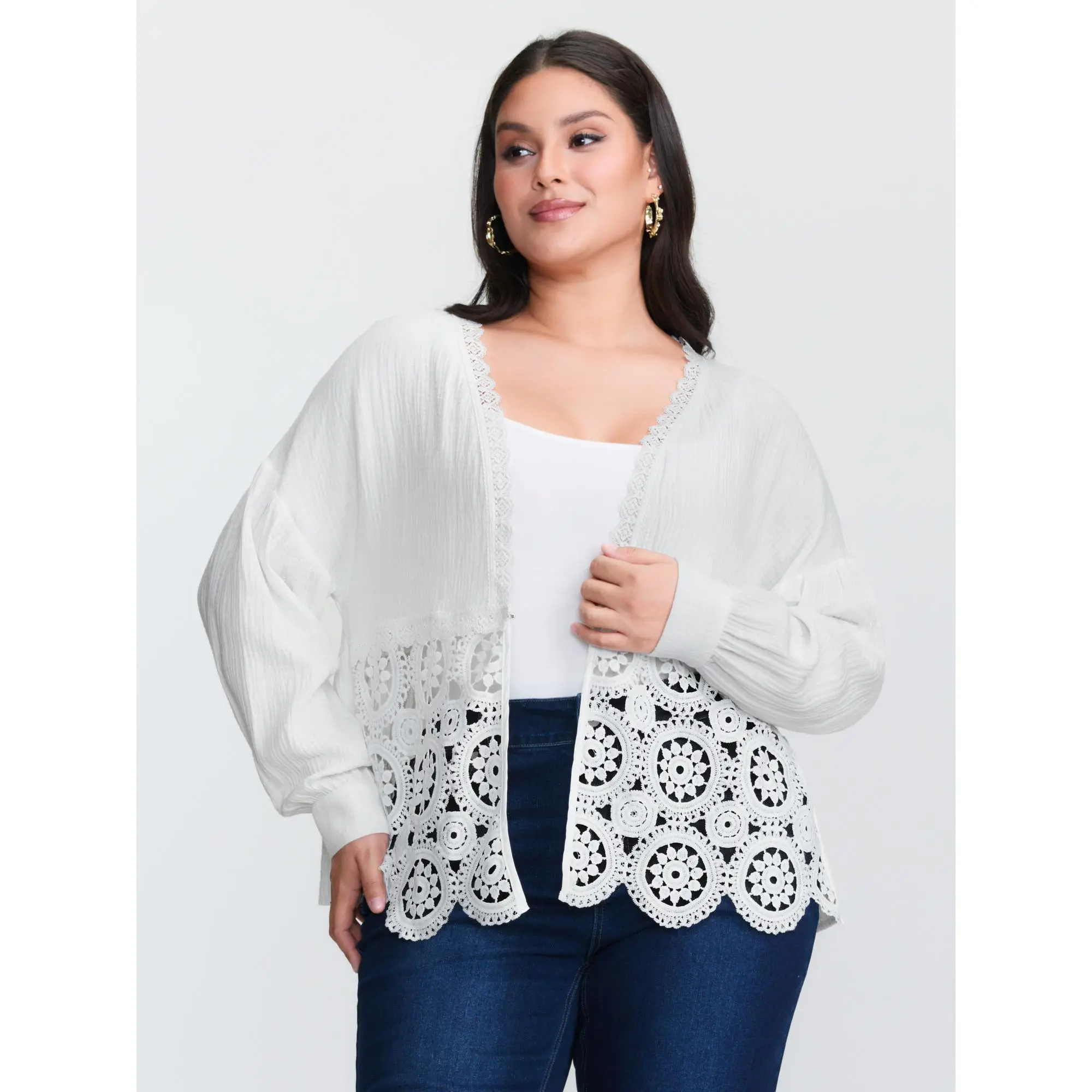 Women's Open Front Sheer Cover Up, Plus Size Romantic Boho Kimono with Textured Patchwork and Lace Trim, Women's Clothes, Cut-Out Details, Patchwork Lace, Cotton Blend