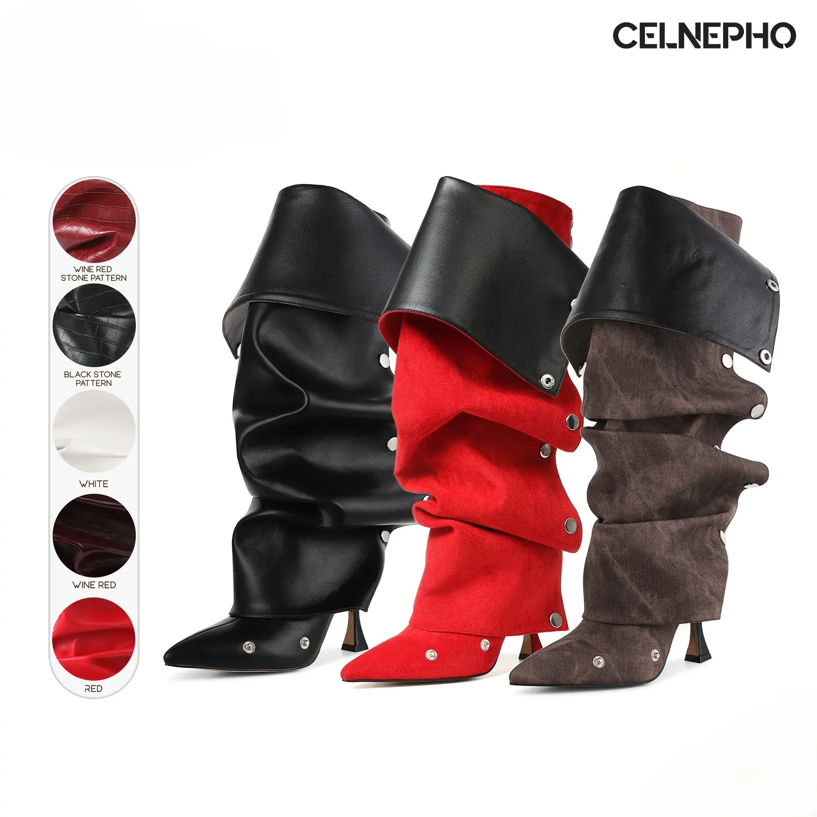CELNEPHO Womens Knee High Boots Pointed Toe Stiletto High Heel Zipper Ruched Shark Boot Silver Buttons Detachable Snap-off Wide Calf Easy Pull on Comfy Fashion Slouchy Fold Over Booties for Casual Party Concert Nightclub Daily Wear Trendy Dress Shoes