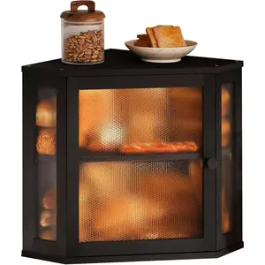 Corner Bread Box for Kitchen Countertop,Bread Storage for Homemade Bread, Double Layer Large Bamboo Kitchen Storage Bin with Window (Black, Medium)