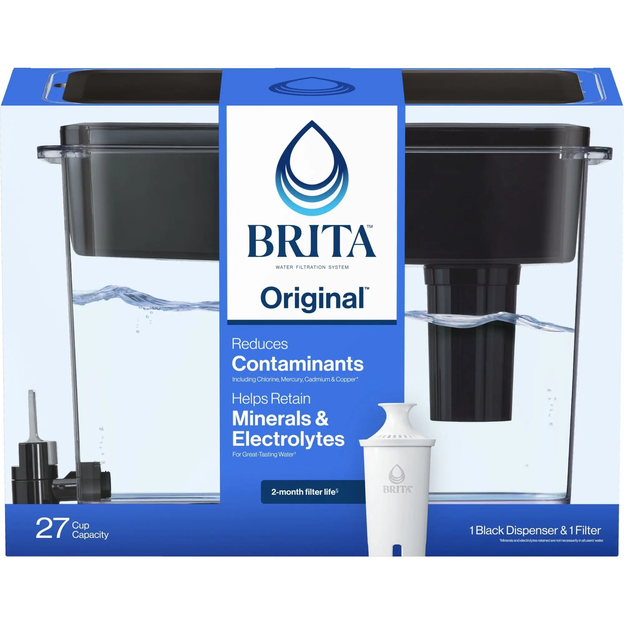 Brita 27-Cup Extra Large Plastic Water Filtration Dispenser, Black, BPA Free with 1 Standard Brita Filter