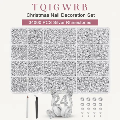 34000Pcs 3mm 4 x 6 Grid Resin Rhinestones Bedazzler Kit - Silver Flatback Gems with Tools for DIY Nails Art, Bling Nails, Clothing Crafts