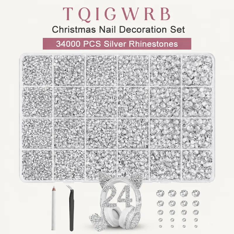 34000Pcs 3mm 4 x 6 Grid Resin Rhinestones Bedazzler Kit - Silver Flatback Gems with Tools for DIY Nails Art, Bling Nails, Clothing Crafts