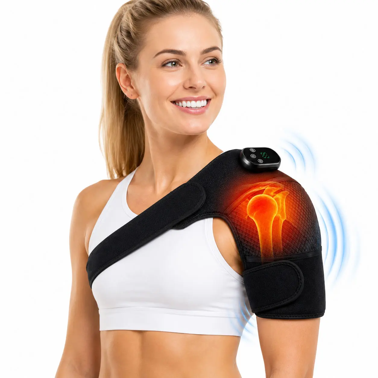 Portable Electric Shoulder Massager with Heat & Vibration, 2000mAh Rechargeable Battery, Adjustable Nylon Strap, Cordless Neck & Shoulder Relaxation Device for Home, Office & Travel