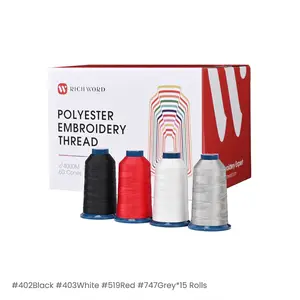 Richword 108D/2 40wt Polyester Embroidery Thread 4000m 60 Rolls 4 Colors Black White Red Grey for Embroidery Projects Durability Colorfastness Smooth Texture