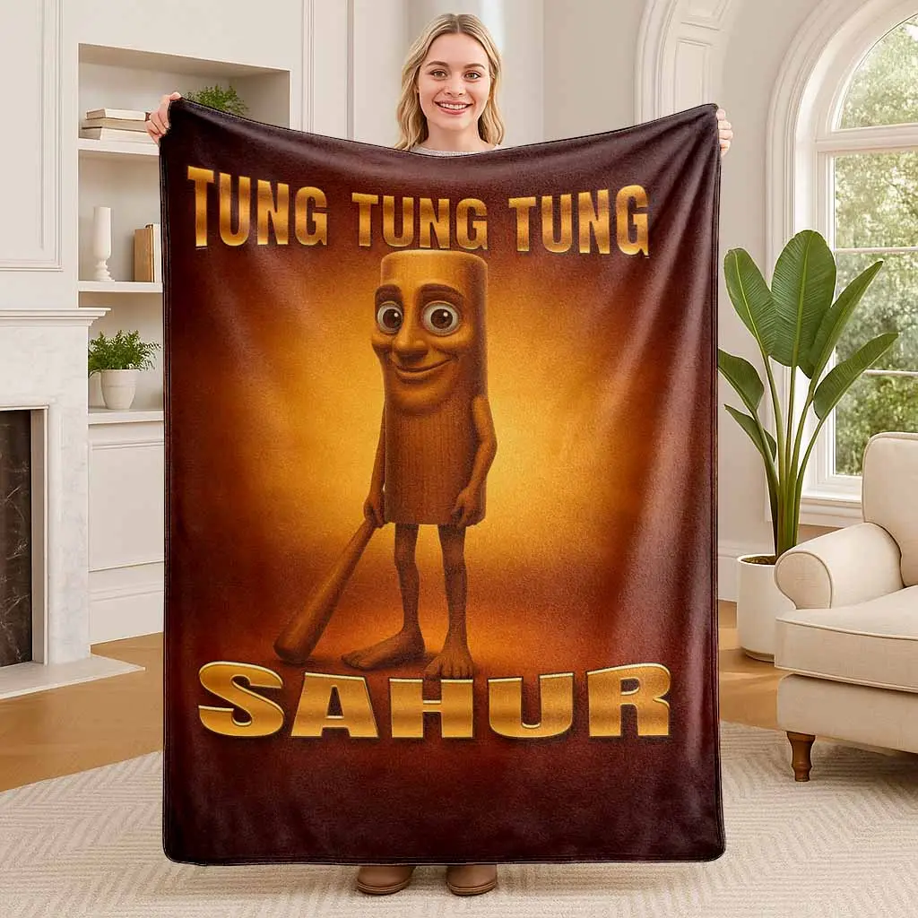Tung Tung Character Flannel Blanket, Sahur Celebration Print Pattern, UltraSoft, Lightweight and Cozy, Perfect for Warmth, Snuggling, Travel, Camping, Home Decor, Sofa, Living Room, Dorm, Holiday, Ramadan, Eid Gift Idea, Family and Friends. tiktokshopspri